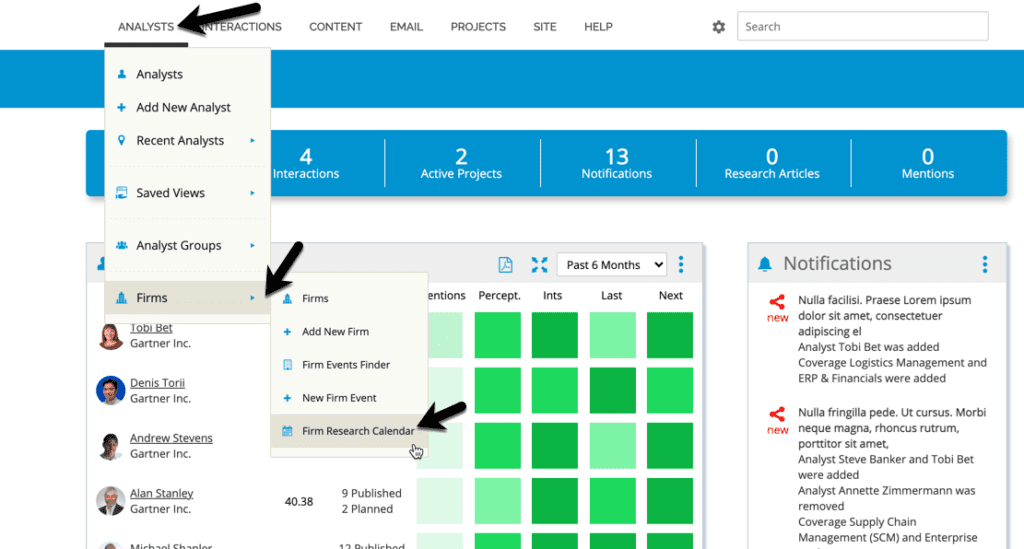 ARchitect software set-up with arrows pointing to "analysts" drop down menu, another black arrow pointing to the "firms" subcategory below, and another black arrow selecting "Firm Research Calendar" below.