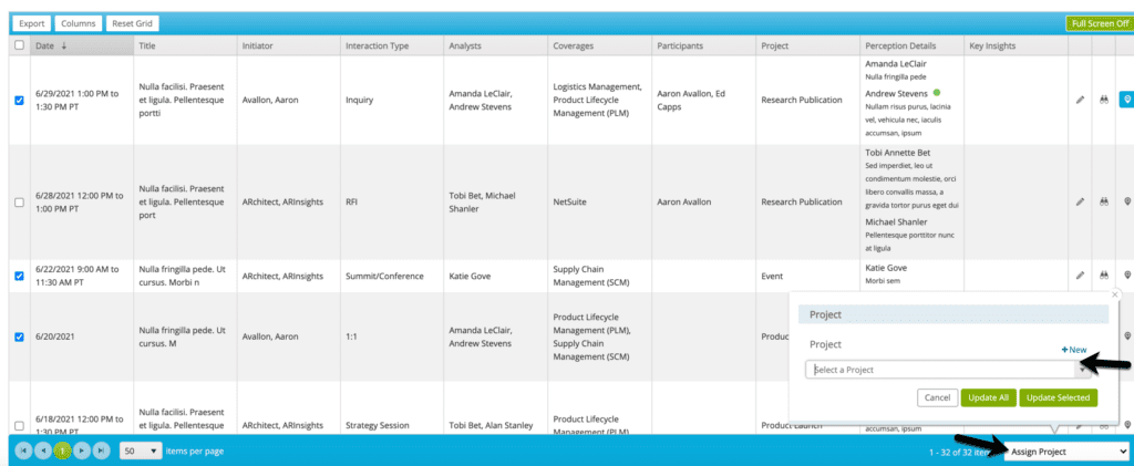 List of projects in ARchitect with black arrow pointing to the "assign project" option at the bottom right of the screen, and another black arrow clicking the downwards pointing triangle