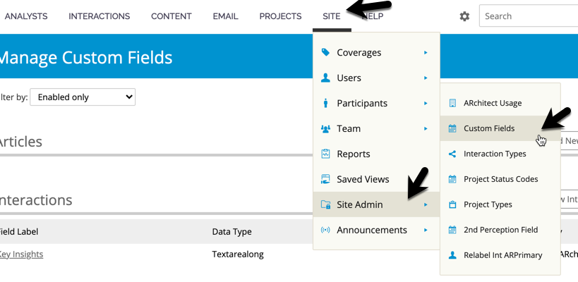 ARchitect software set-up with black arrow pointing to the "site" drop-down menu, another black arrow pointing to the "site admin" subcategory below, and another black arrow selecting "Custom Fields"