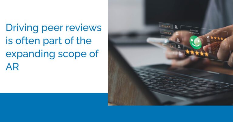A person selects a five-star rating on a digital screen next to text about driving peer reviews in AR.