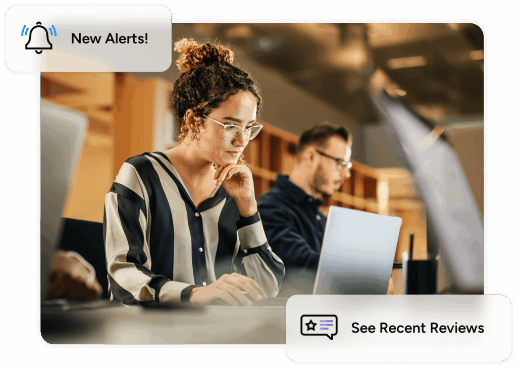 A woman with glasses works on her laptop in an office, with "New Alerts!" and "See Recent Reviews" overlays.