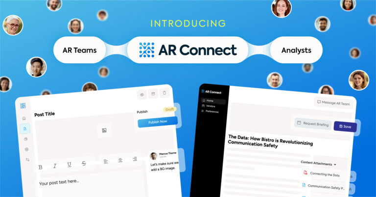 Graphic introducing AR Connect, showing user interface screens for AR Teams and Analysts on a blue background.