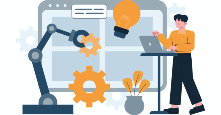 An illustration of a man using a laptop to control a robotic arm assembling gears.