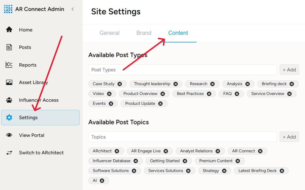 How to navigate to content settings in AR Connect