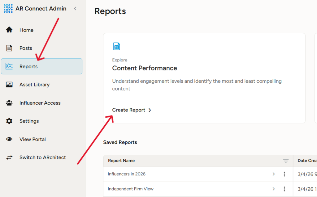 How to navigate to Content Performance Reports in AR Connect