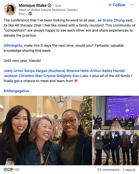 LinkedIn post by Monique Blake praising the ARinsights conference, featuring