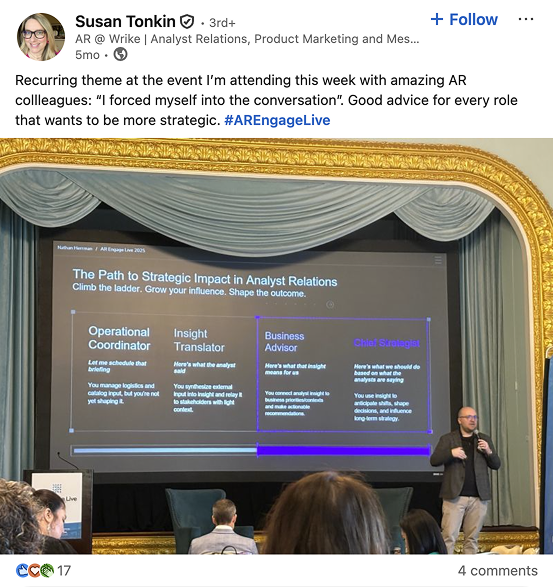LinkedIn post by Susan Tonkin showing a speaker
